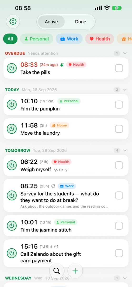 The reminder list, grouped by day with overdue reminders on top