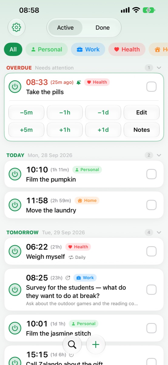 A reminder opened to its quick-adjust buttons