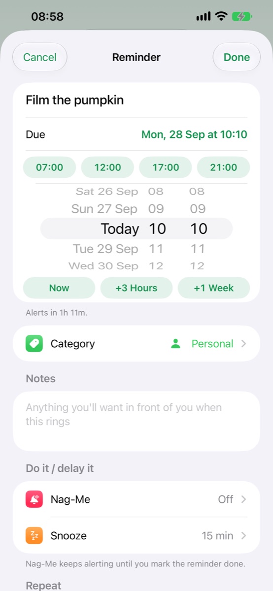 The reminder editor with time presets and a date wheel