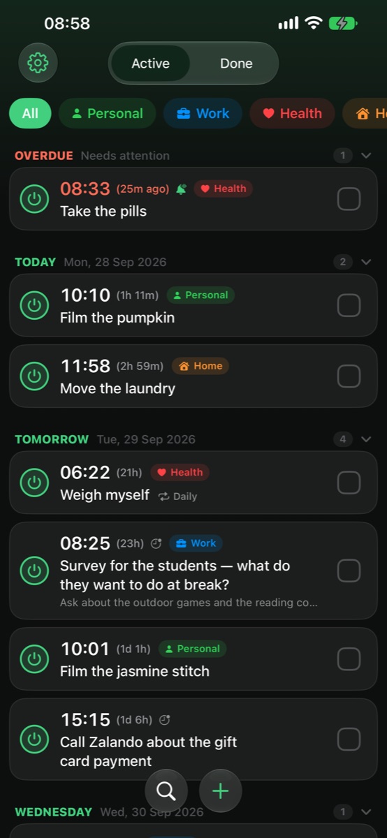The reminder list in Dark Mode